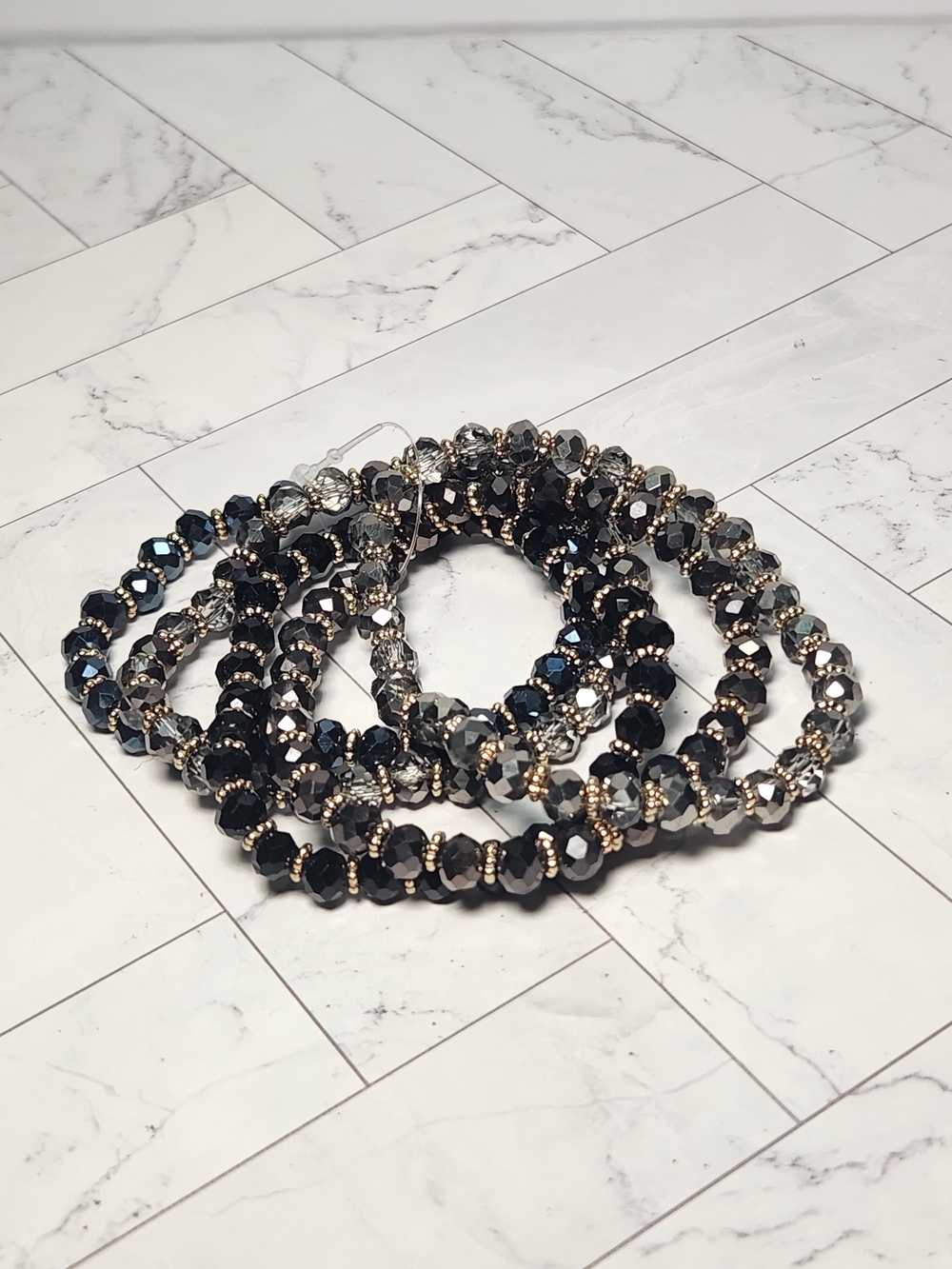 Black and Silver Faceted Bead Stretch Bracelet Set with Metallic Accents
